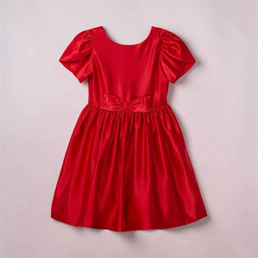 Janie and Jack Girls Satin Tulip Sleeve Red Knee Length Holiday Party Bow Dress